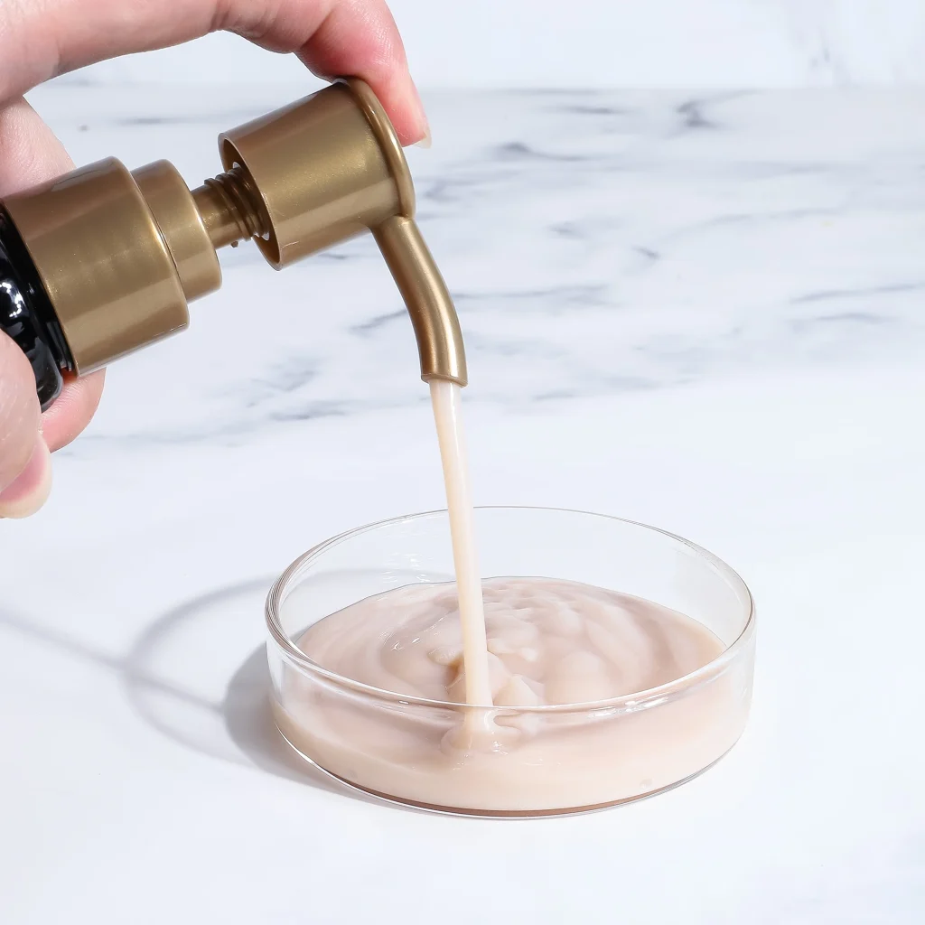 A close-up shot of a hand dispensing the thick, creamy, peach-colored "PROTEIN GOLD II" treatment from a gold pump into a glass dish, showing its smooth and rich texture.