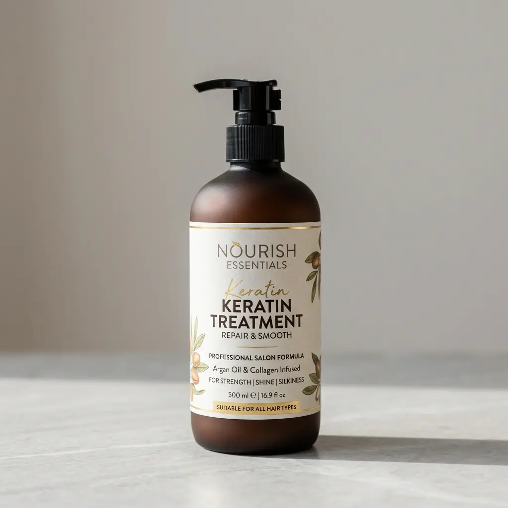 Professional keratin treatment product in an amber pump bottle with a custom cream-colored private label, featuring argan oil and collagen ingredients.