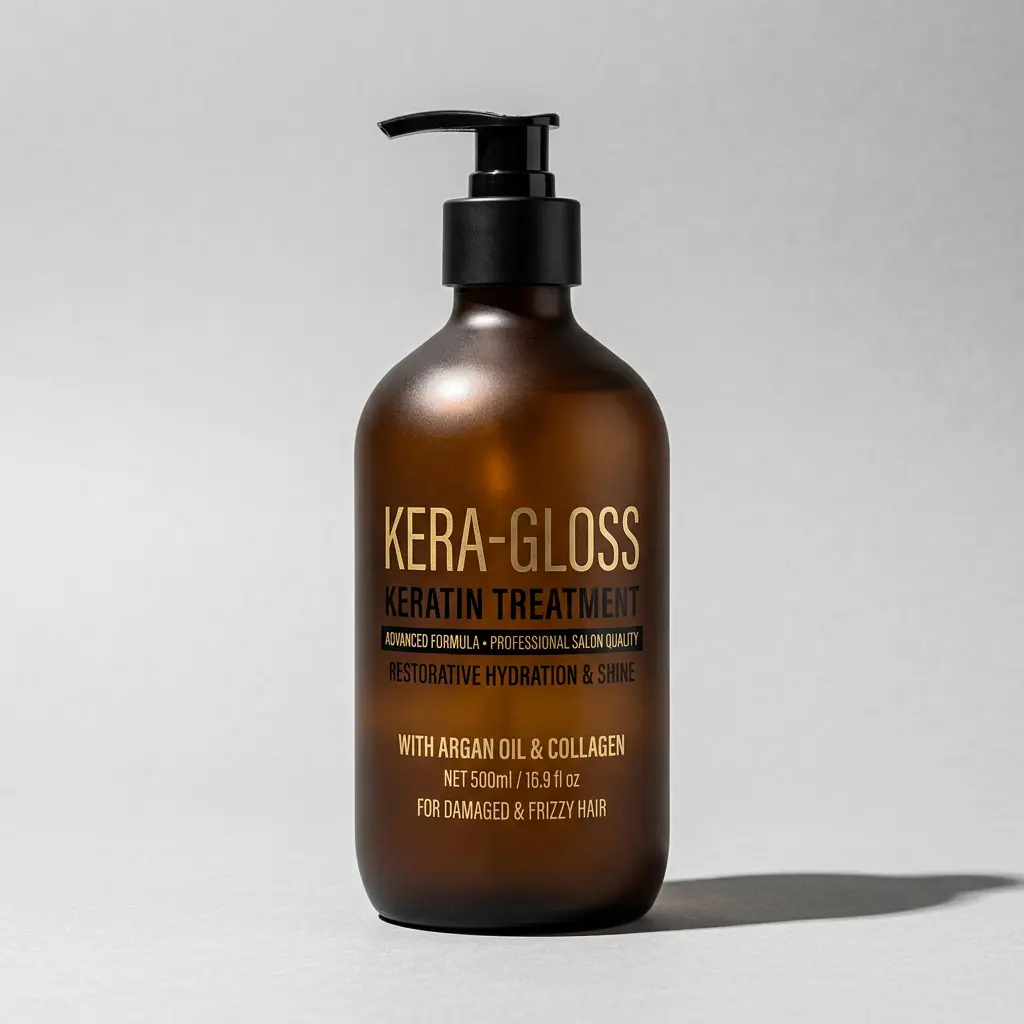 High-end hair treatment bottle with premium gold screen printing (KERA-GLOSS), showcasing a minimalist luxury aesthetic for salon-grade hair care ODM.