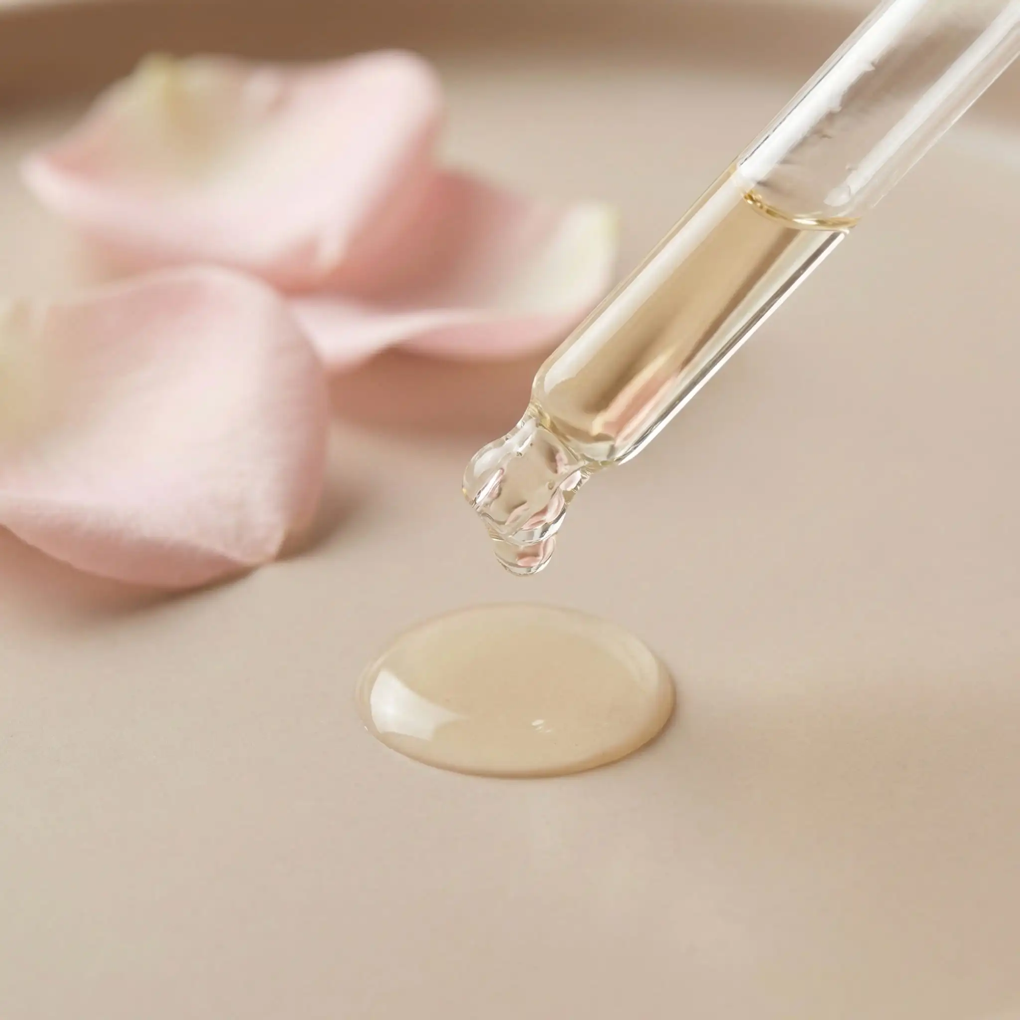 Macro shot of a rose essential oil droplet with pink petals, representing premium natural fragrance ingredients.