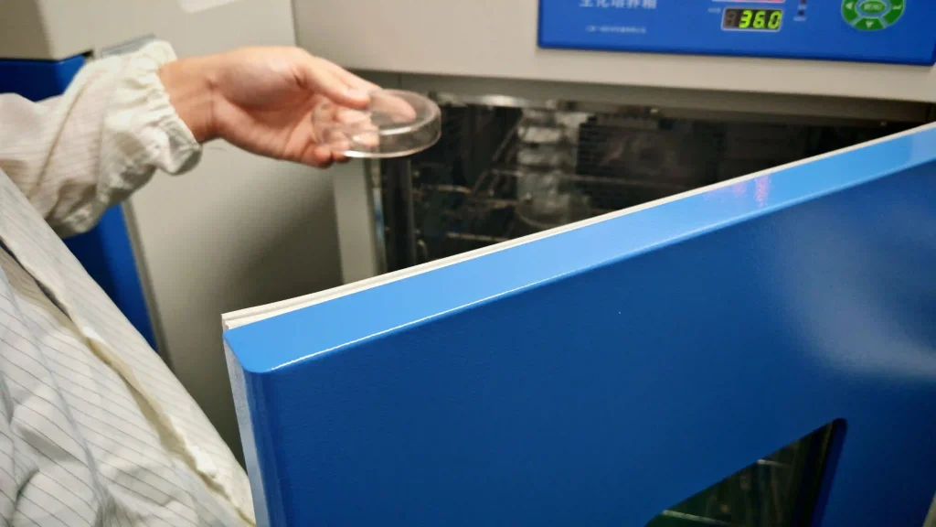 A scientist placing a Petri dish into a blue microbial incubator for microbiological culture testing.