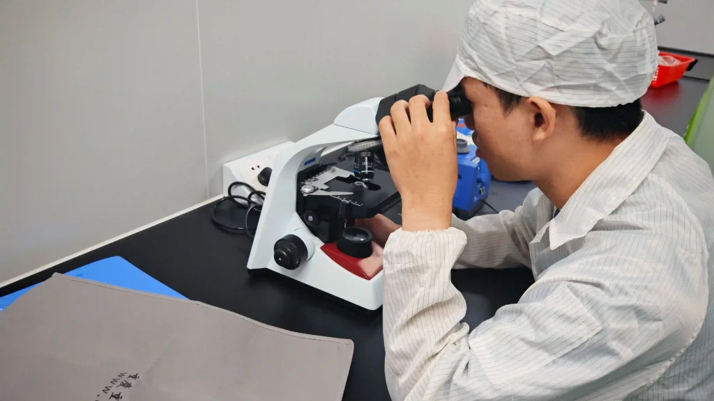 A researcher using a binocular compound microscope for microbiological testing and sample analysis in a lab.