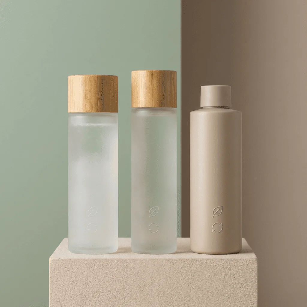 Three hair care bottles with wooden bamboo caps on a stone pedestal, featuring embossed leaf and recycle icons to represent sustainable packaging.