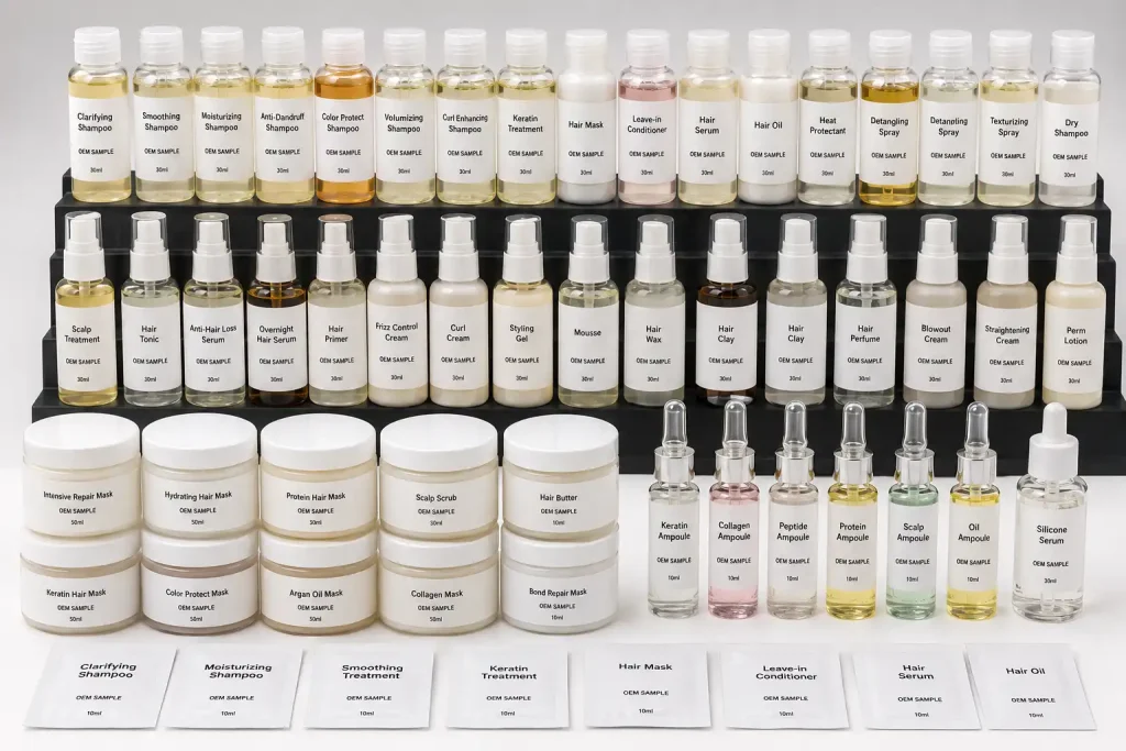 Tiered display of assorted hair care products—shampoos, conditioners, serums, masks and ampoules on black shelves with white-capped bottles.