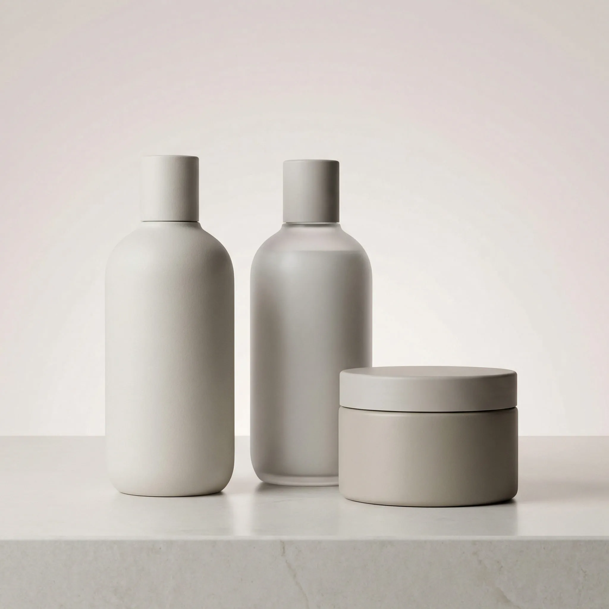 Minimalist blank matte grey bottles and jar, representing the starting point for private label customization.