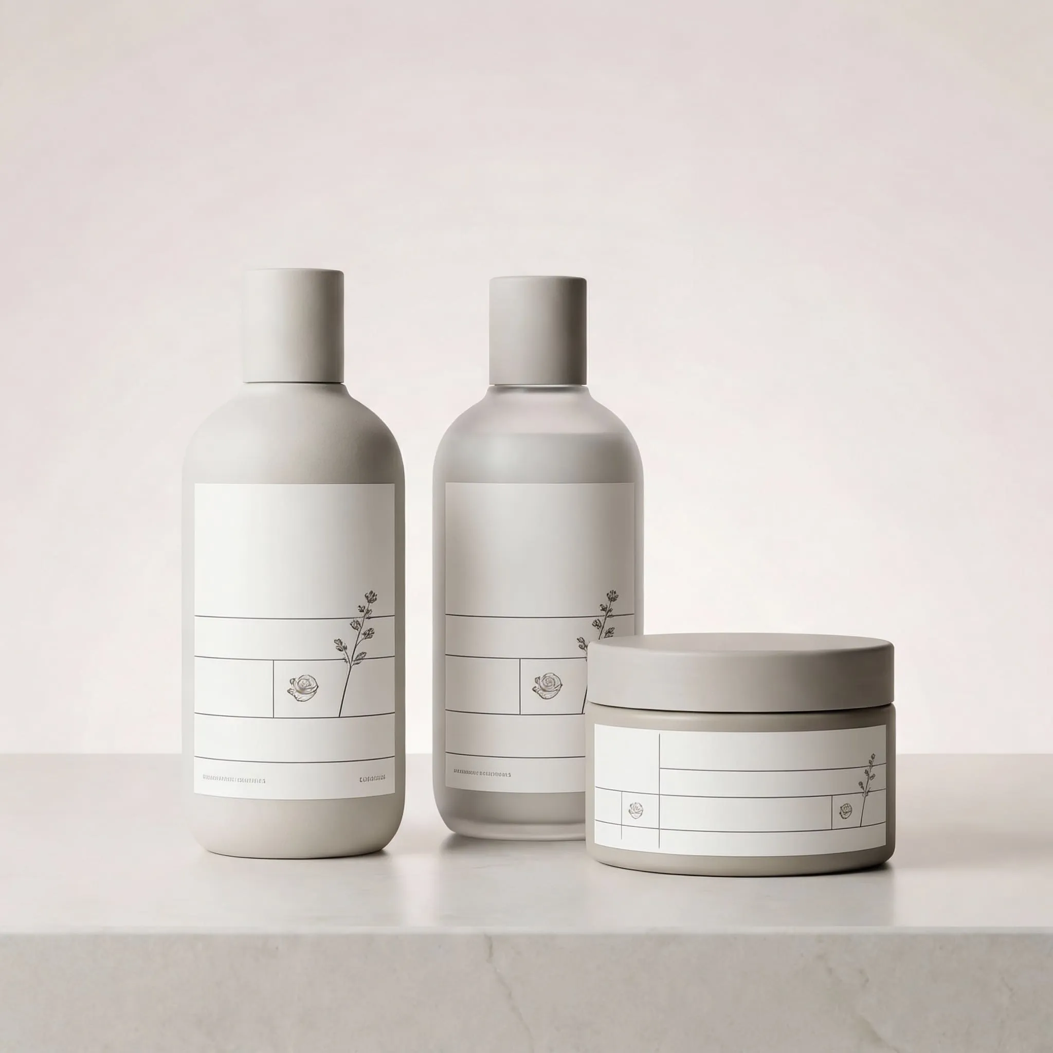 Professional finished product with minimalist labels on grey bottles, showcasing private label branding results.