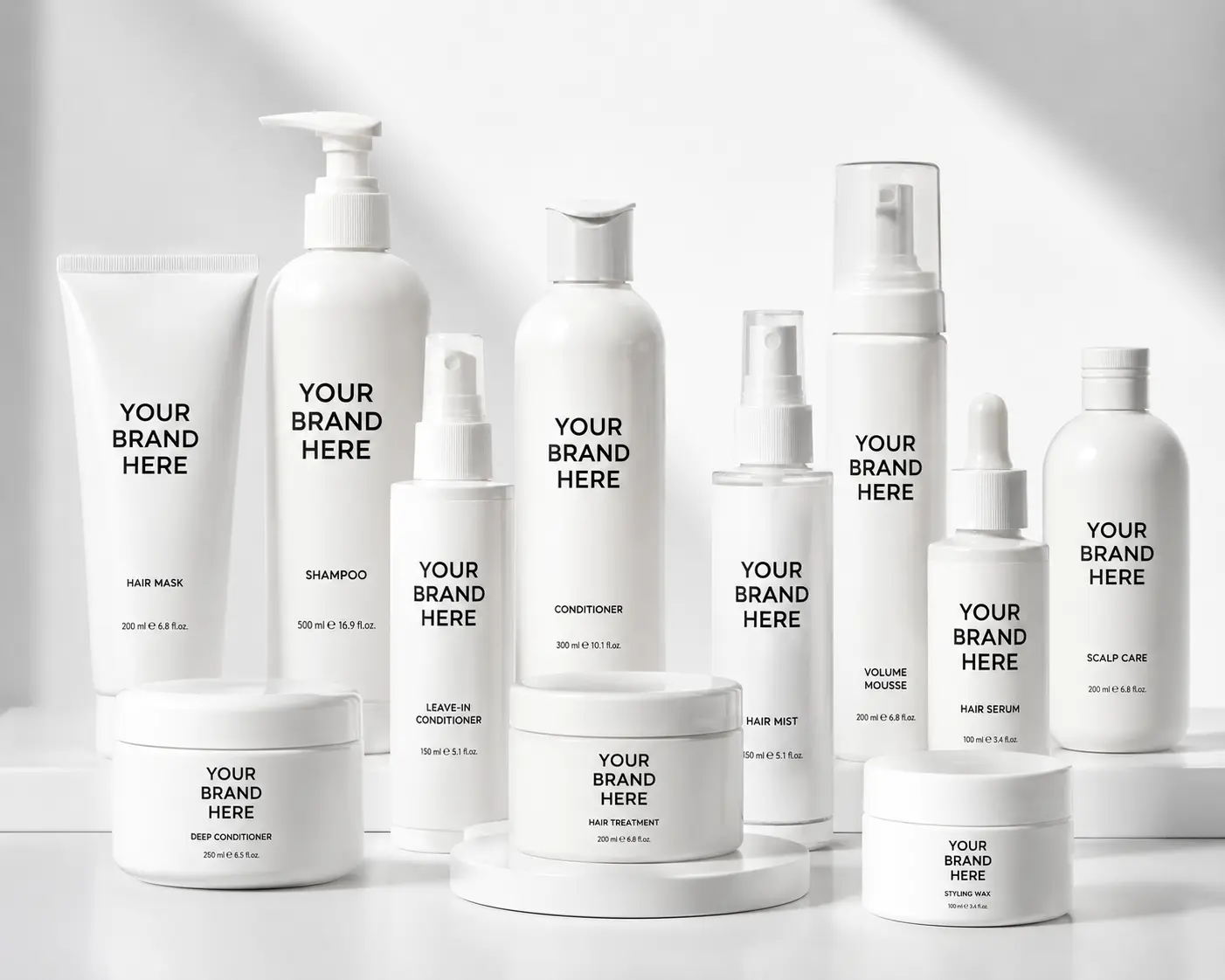 Row of white cosmetic bottles and jars labeled Your Brand Here, arranged as an all-white product display (shampoo, conditioner, hair mask, serums, sprays, and creams).