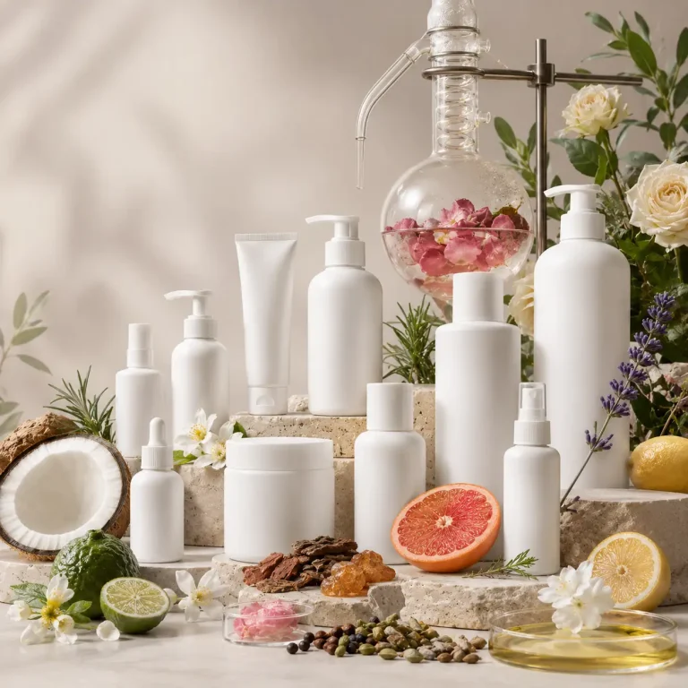 Assorted white skincare bottles and jars arranged on stone steps with coconut, citrus, herbs, and a glass distillation apparatus in the background