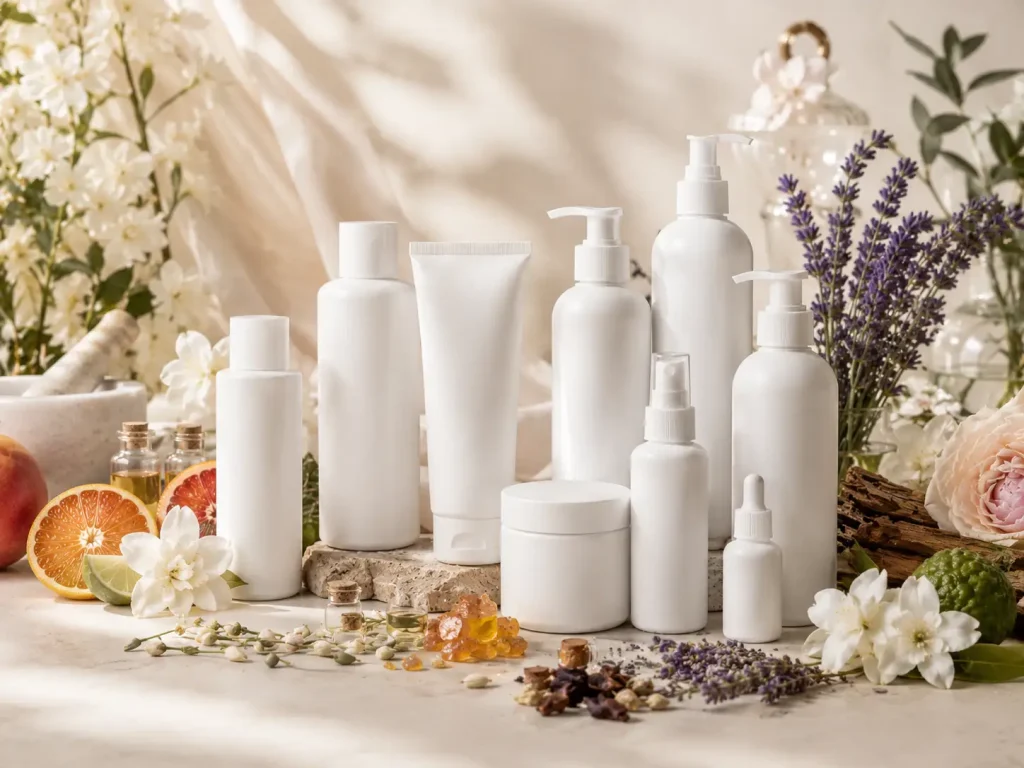 Assorted white skincare bottles and jars arranged on a stone surface with flowers and lavender in the background.
