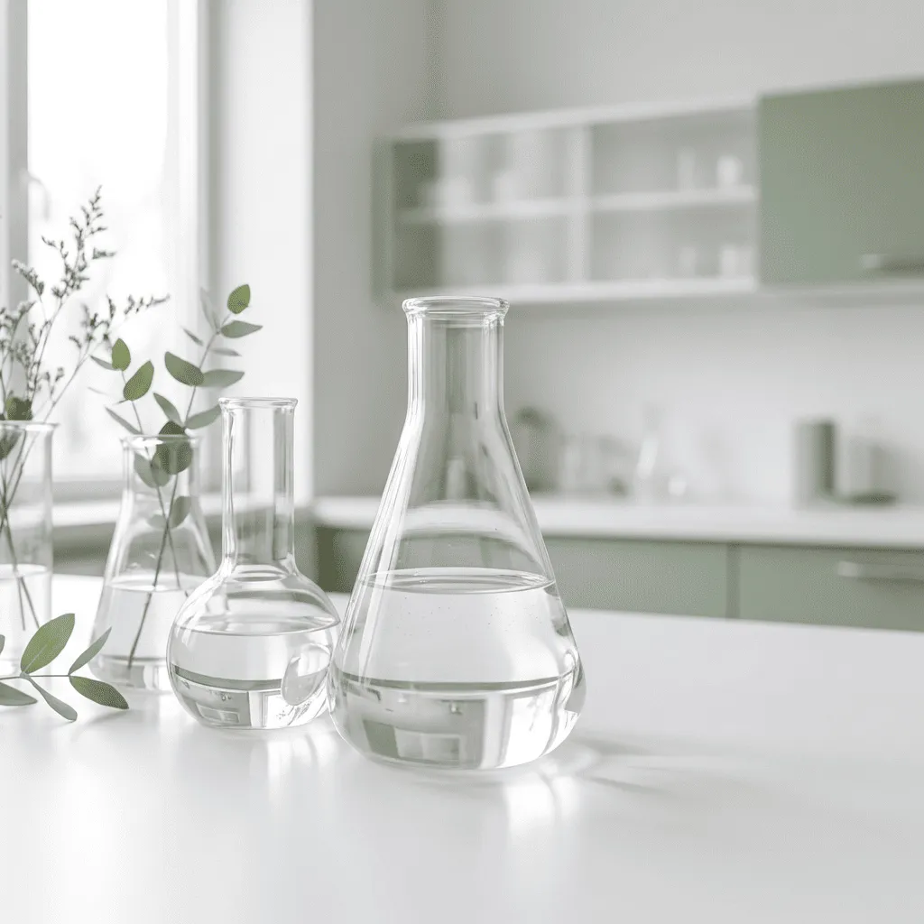 Clear glass laboratory flasks with water and eucalyptus leaves in a clean, professional R&D setting.