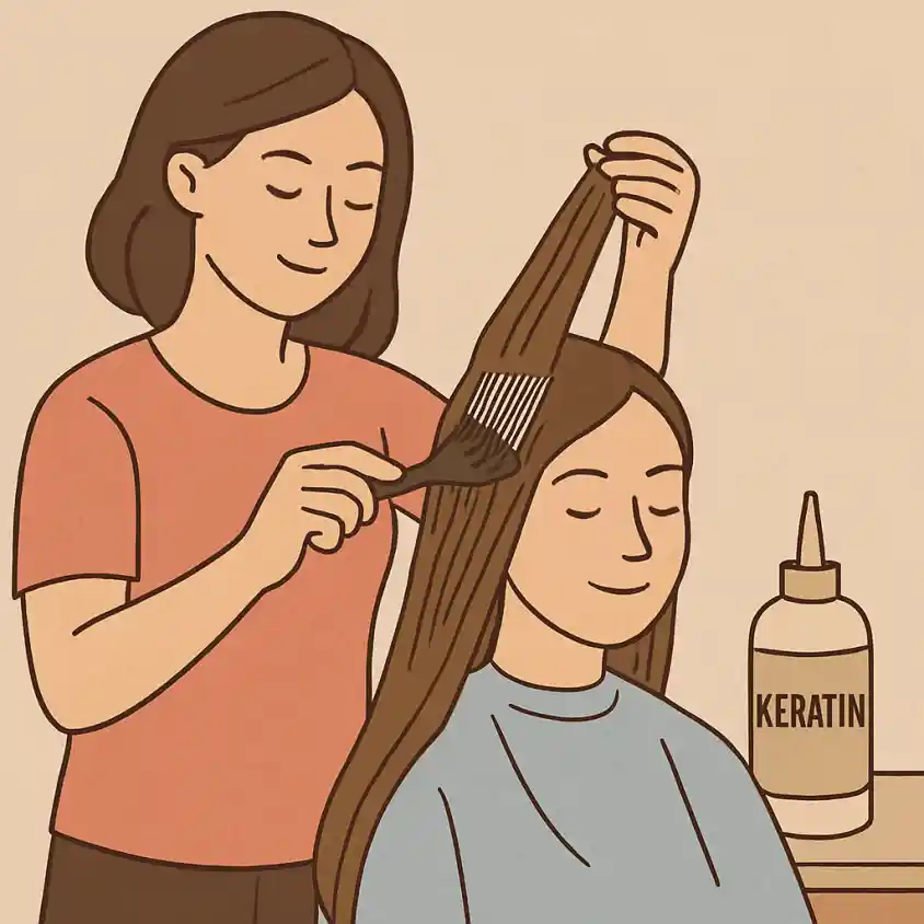 Stylist applying professional keratin treatment to a client's long hair with a brush in a salon setting.