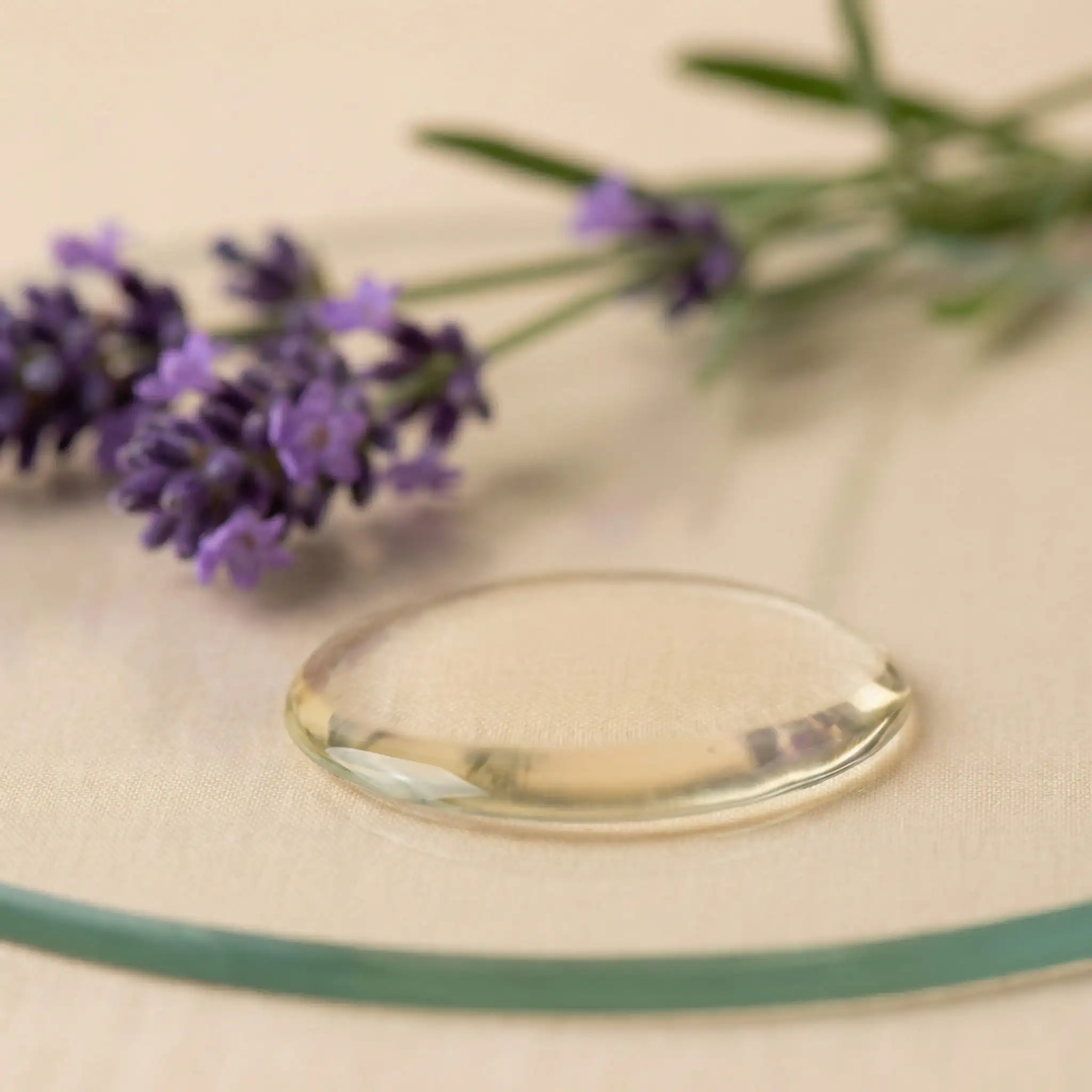 Macro shot of a clear lavender oil droplet on glass with fresh lavender flowers, highlighting natural soothing ingredients.