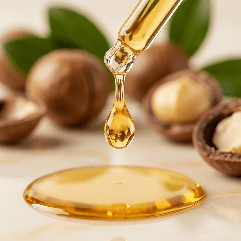 Macro shot of a golden macadamia oil droplet with whole nuts in the background, showcasing organic hair nourishment.