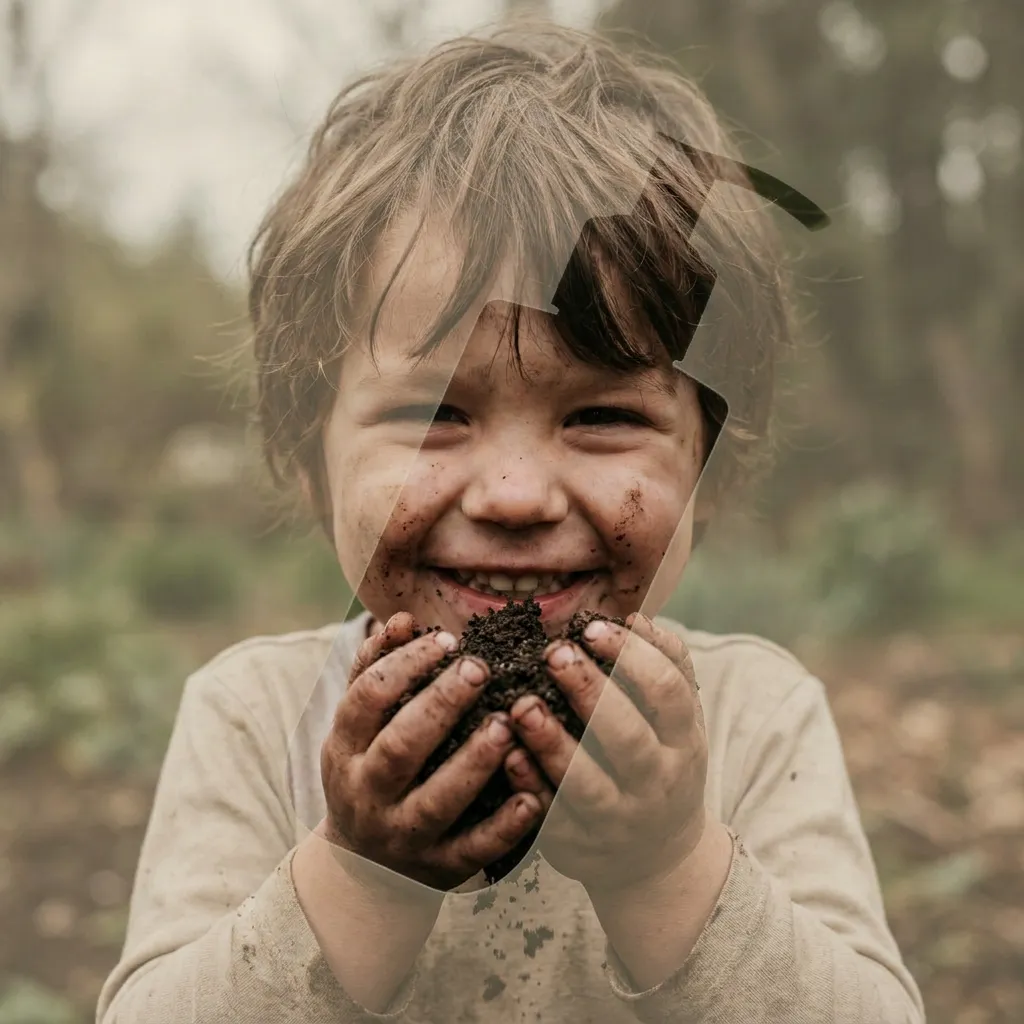 A dirty, smiling child holding soil, with a clear pump haircare bottle overlaid on the image