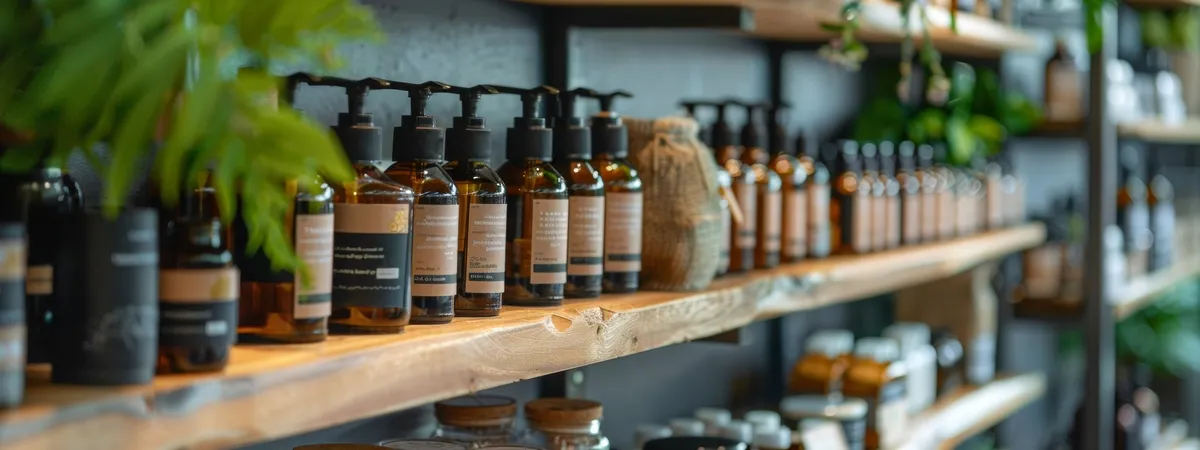 Organic hair care products on wooden shelves, offering a premium eco-friendly retail opportunity for new distributors.