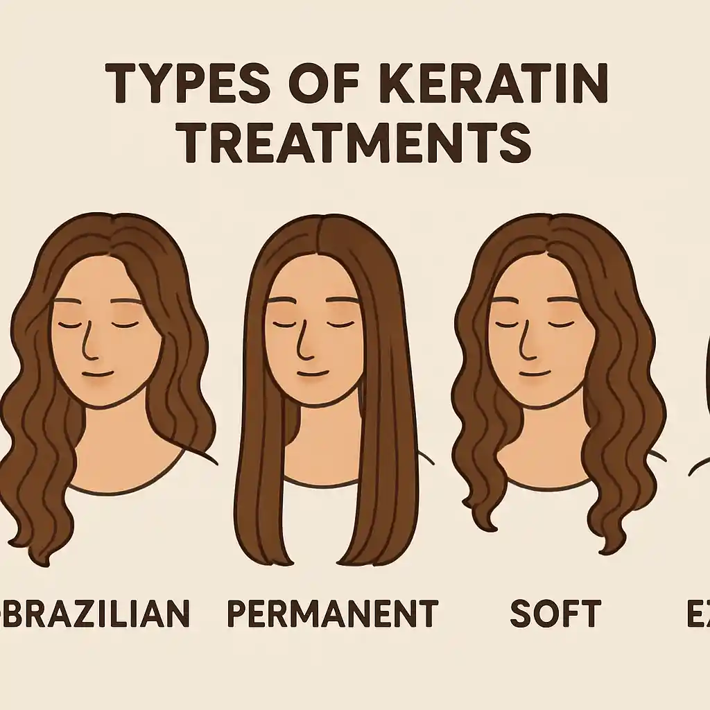 Illustration showing different types of keratin treatments including Brazilian, permanent, and soft results for hair.