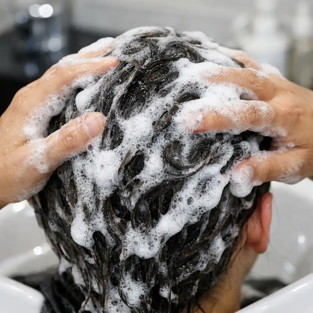 Realistic photograph of massaging clarifying shampoo into wet hair for a deep cleanse.