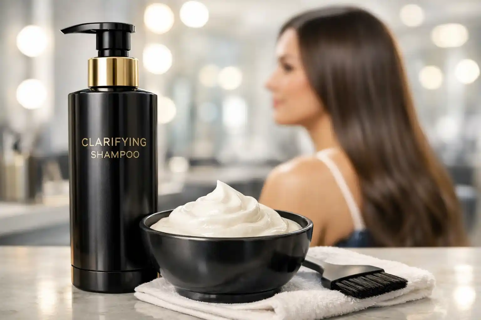 A professional setup of clarifying shampoo and keratin treatment cream in a high-end salon.