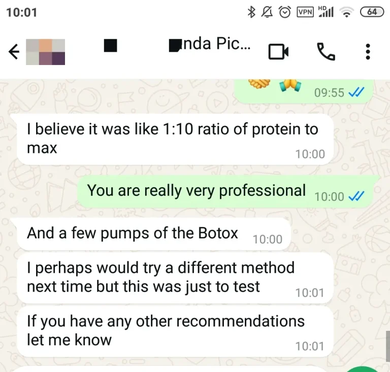 WhatsApp chat on a phone screen discussing Botox and protein-to-dose ratios, with white and green message bubbles and timestamps.