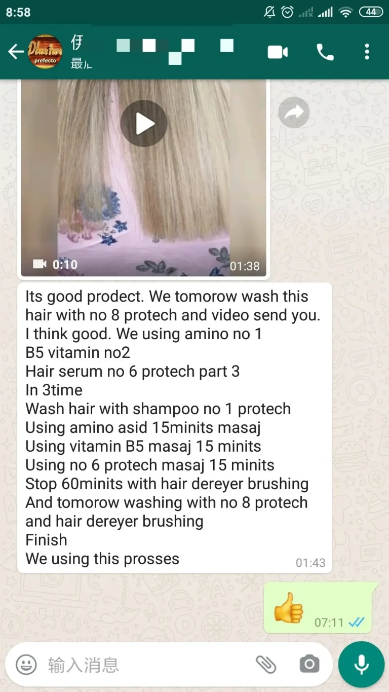 Video thumbnail showing long straight blonde hair in a WhatsApp chat about a hair-care routine.
