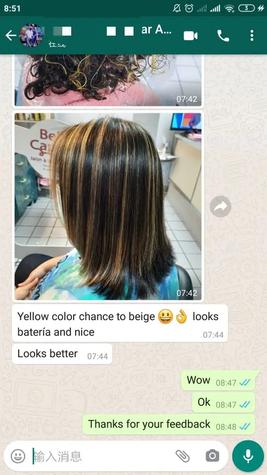 Back view of a person with shoulder-length straight hair with blonde highlights in a hair salon.