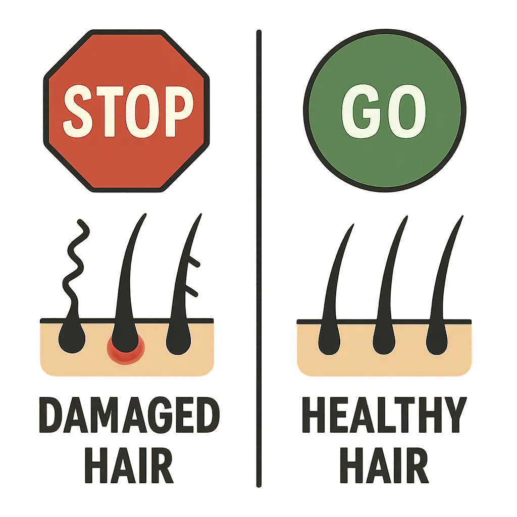 Comparison of damaged hair with split ends and inflammation versus healthy hair with smooth strands and strong roots.