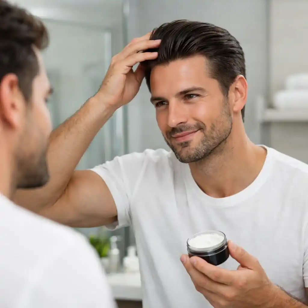 A man effortlessly styling his manageable, keratin-treated hair in front of a bathroom mirror.