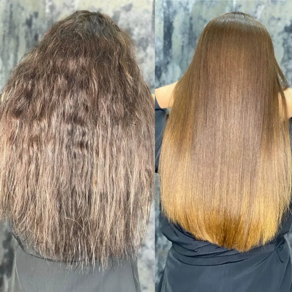 Left: frizzy, dark brown shoulder-length hair; right: smooth, straight, light brown hair with honey ends, mid-back length (before/after makeover).