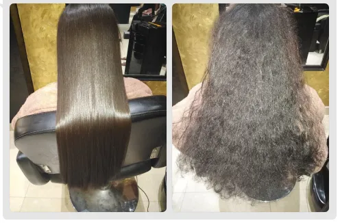 Salon before-and-after: left panel shows sleek, straight brown hair; right panel shows frizzy, curly hair, both photographed in a chair in a salon.