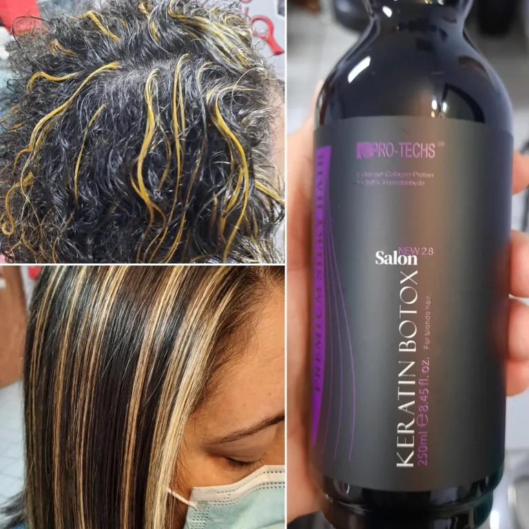 collage: top-left frizzy black hair with yellow highlights; bottom-left smooth straight hair with blonde highlights; right shows Keratin Botox Salon X hair treatment bottle