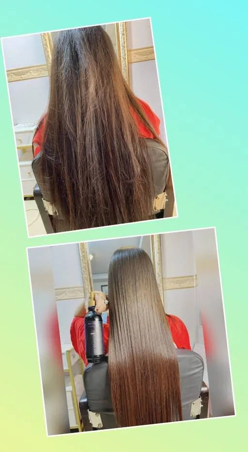 Back view of a person’s long hair shown in a before (top) and after (bottom) straightening salon transformation.