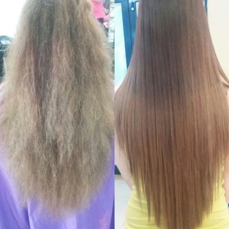 Before-and-after comparison of a woman’s hair: left side frizzy and coarse, right side smooth and straight after styling treatment, wearing a purple top on the left and yellow on the right