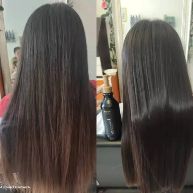 Back view of a woman's straight hair before and after a treatment: left shows lighter brown ends, right shows smooth, even dark ends; a pump bottle sits on the counter nearby.