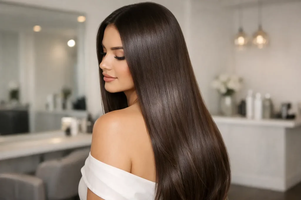 A woman with long, shiny, and smooth hair after a professional formaldehyde-free keratin treatment in a salon.