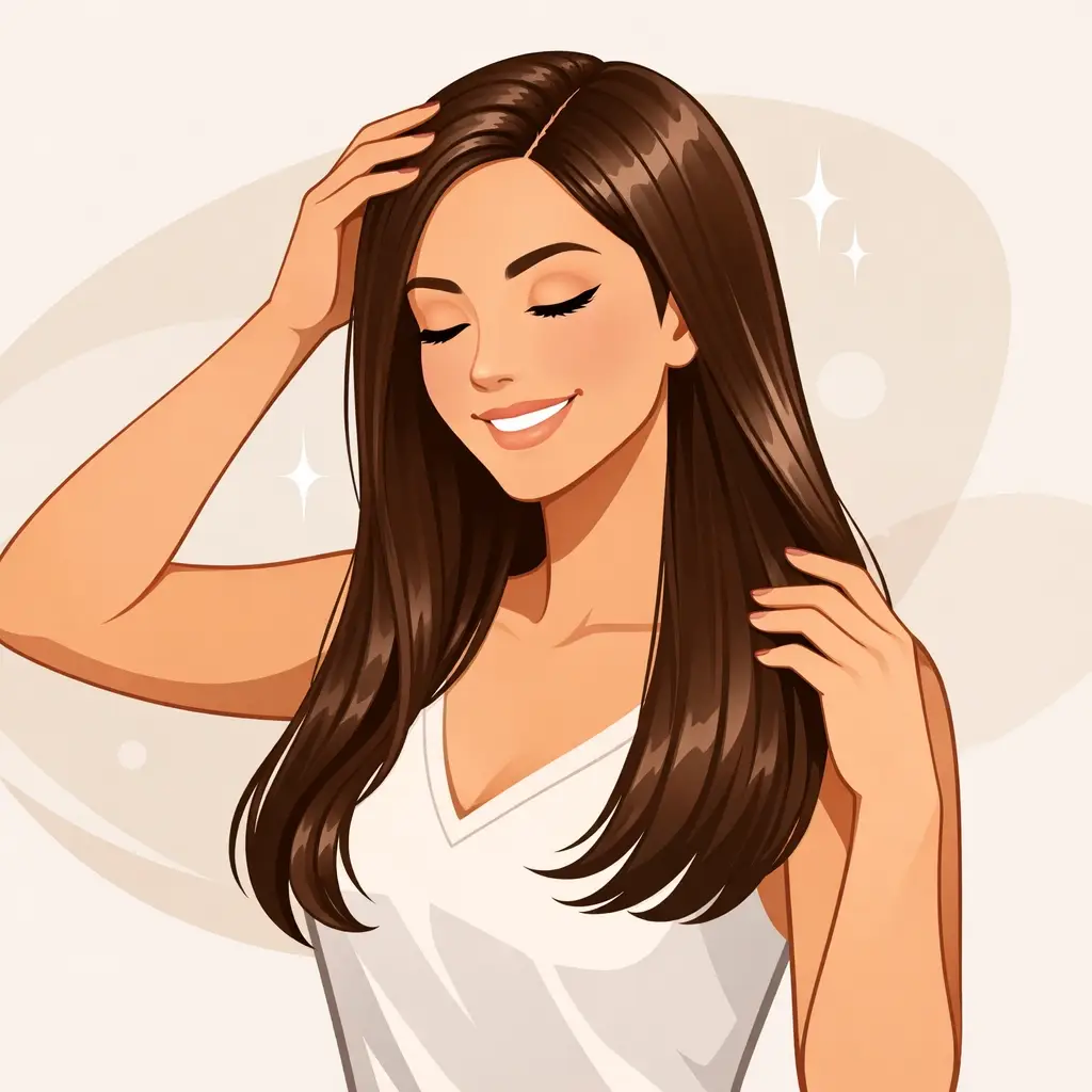 A happy woman touching her healthy, frizz-free hair after a non-toxic smoothing treatment.