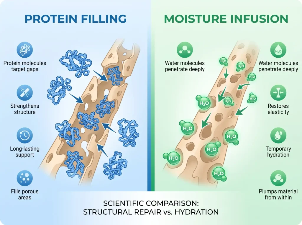 A scientific diagram comparing protein filling and moisture infusion in hair.