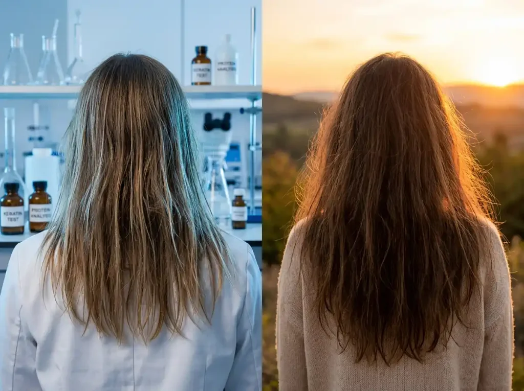 A side-by-side comparison of hair deficiencies: the left shows brittle hair from protein loss in a lab setting, while the right shows frizzy, dull hair from lack of moisture outdoors.