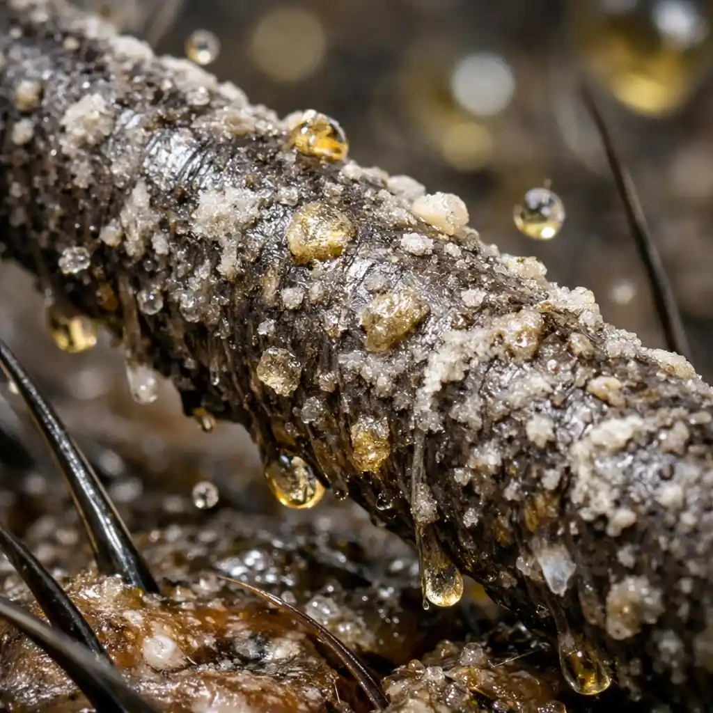 Microscopic view of a hair strand covered in product buildup and oils before clarifying.