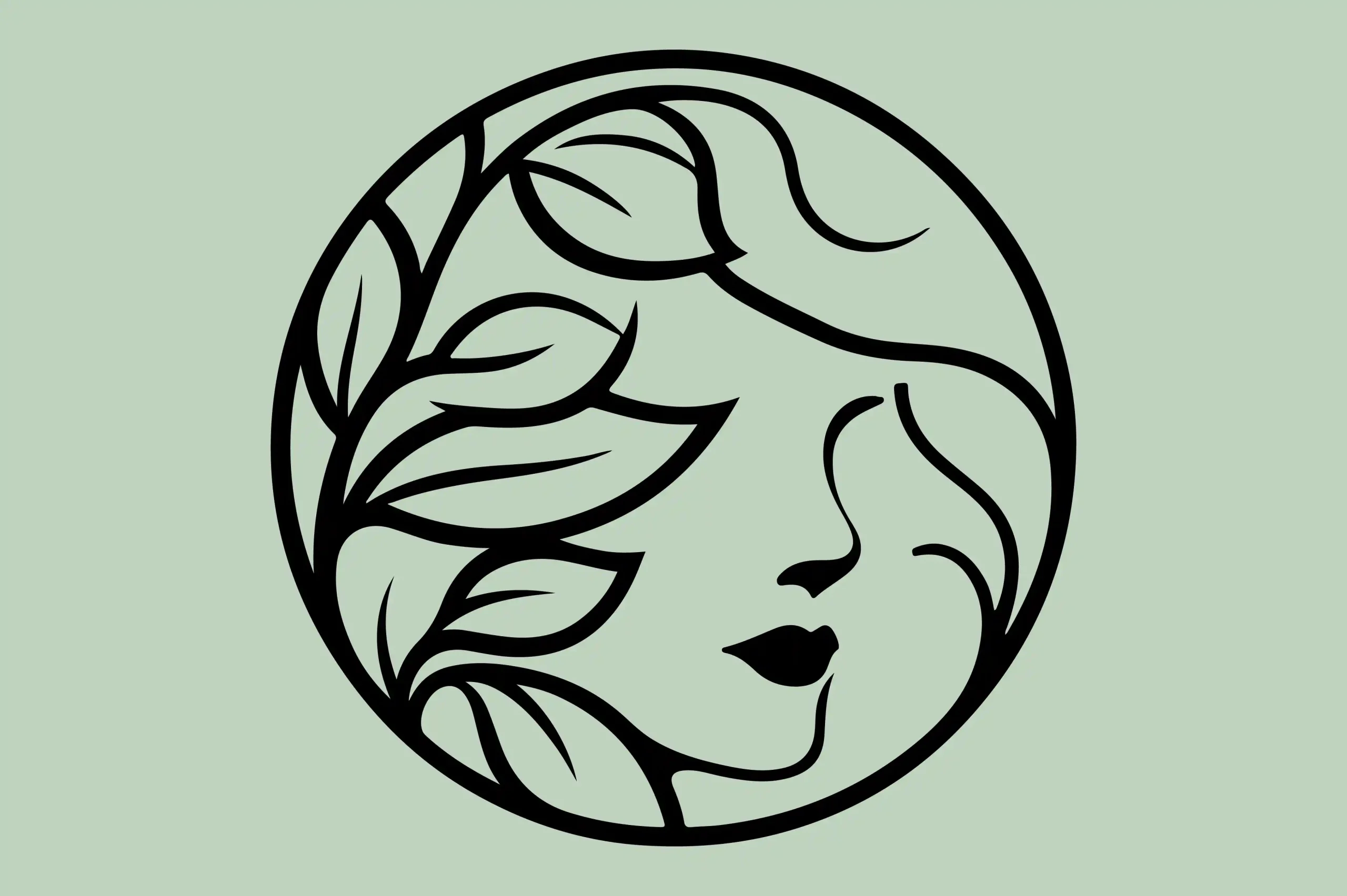 A black line-art logo inside a circle featuring a woman's profile with her hair depicted as flowing leaves, set against a solid pale green background.