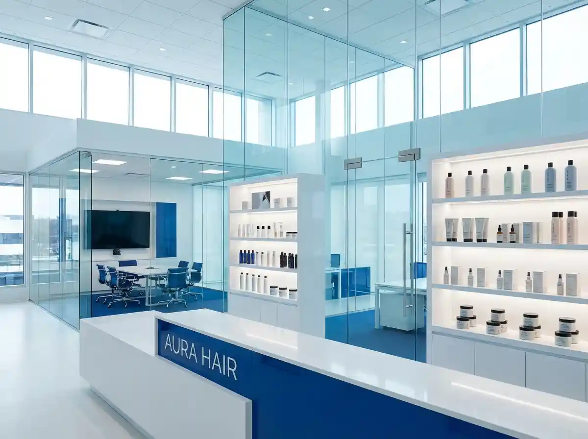 A bright, modern office and distribution center featuring a white and blue reception desk, glass-walled meeting rooms, and illuminated shelves displaying various haircare products.