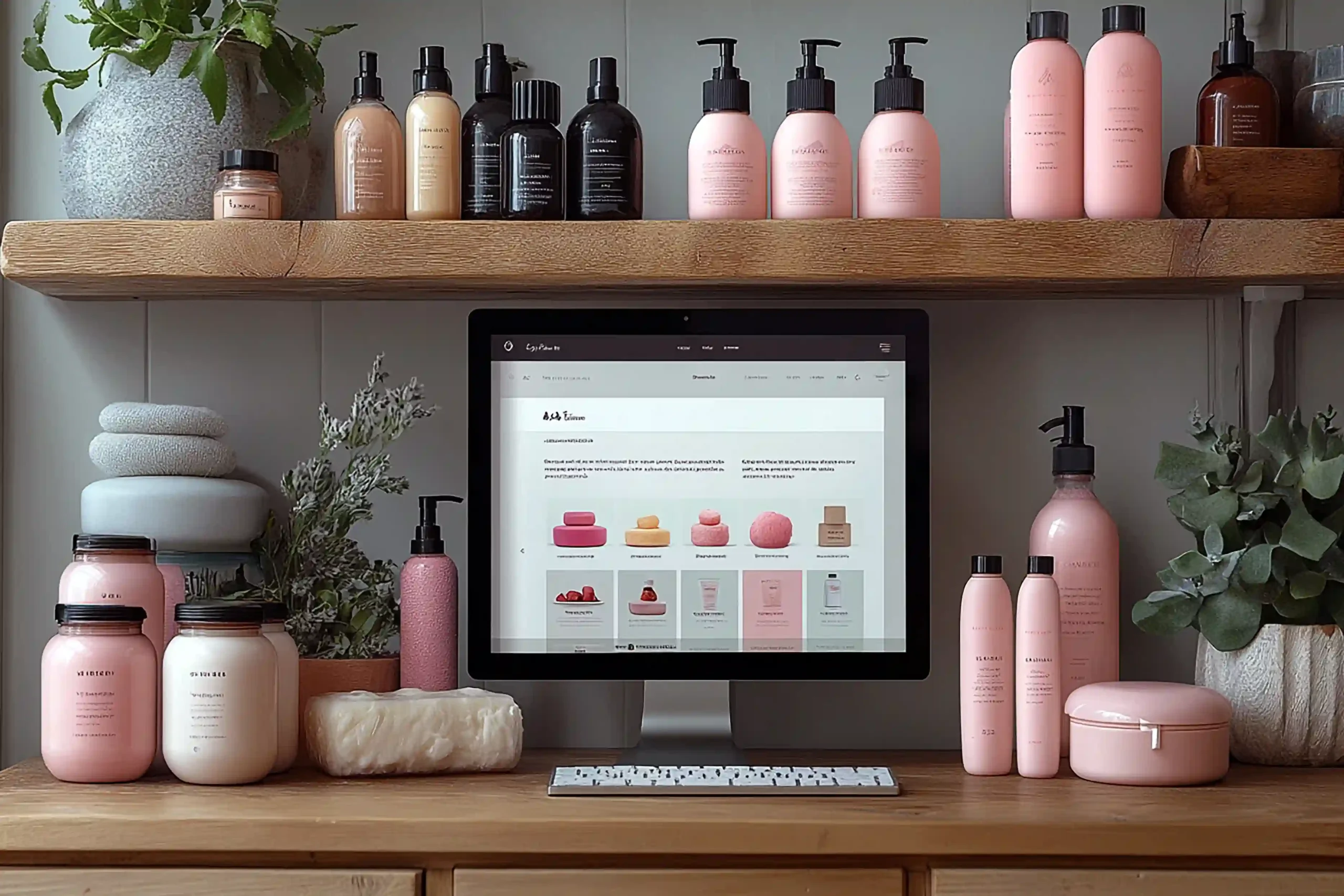 A desktop computer displaying a haircare e-commerce website, surrounded by various pink and black shampoo bottles, jars, and products arranged on a wooden desk and overhead shelf.