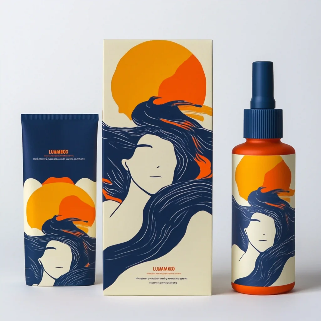 A haircare set consisting of a blue tube, a rectangular box, and an orange spray bottle, all featuring matching art of a woman's face with flowing blue hair and a yellow sun.