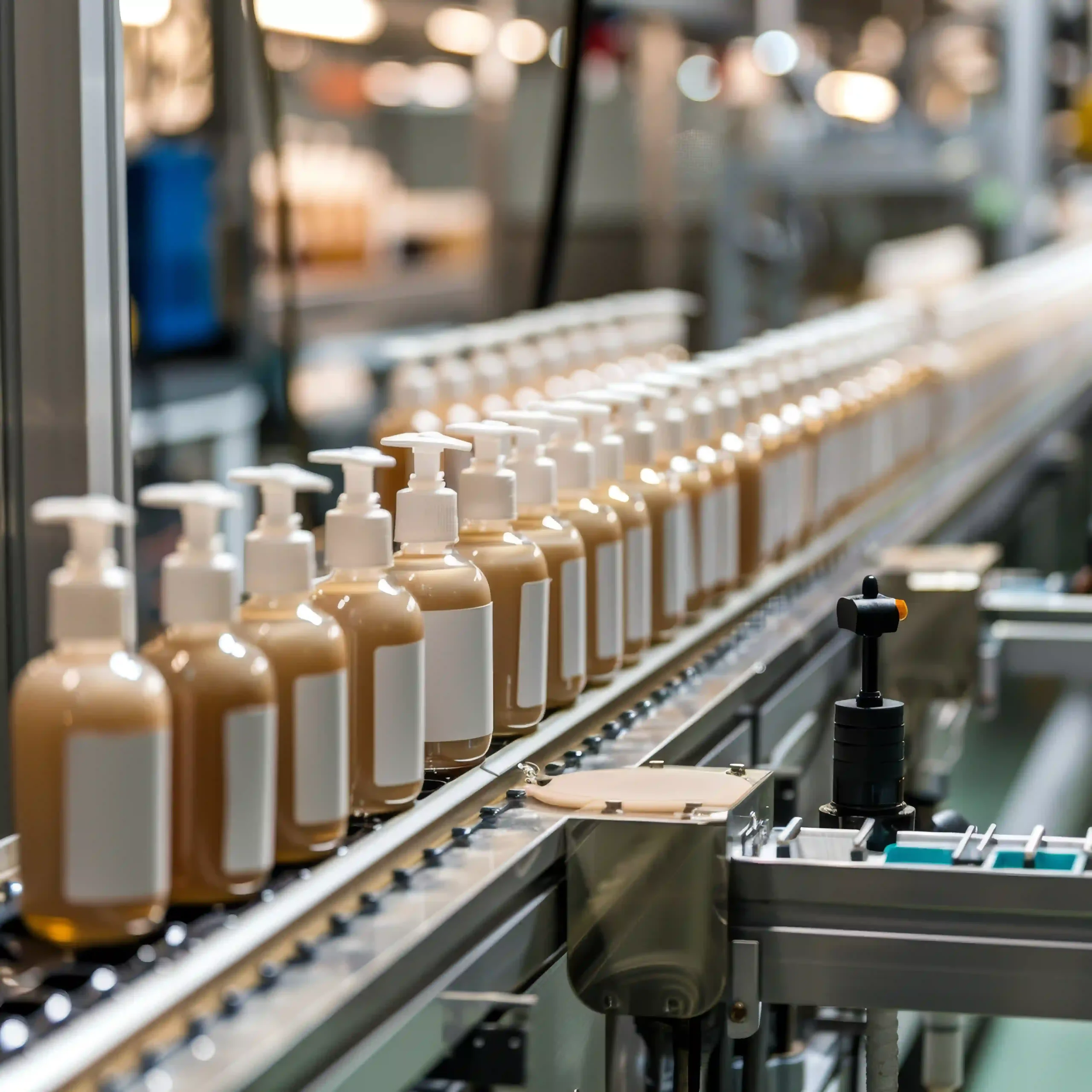 A long row of tan-colored shampoo pump bottles with blank white labels moving along an automated factory conveyor belt.
