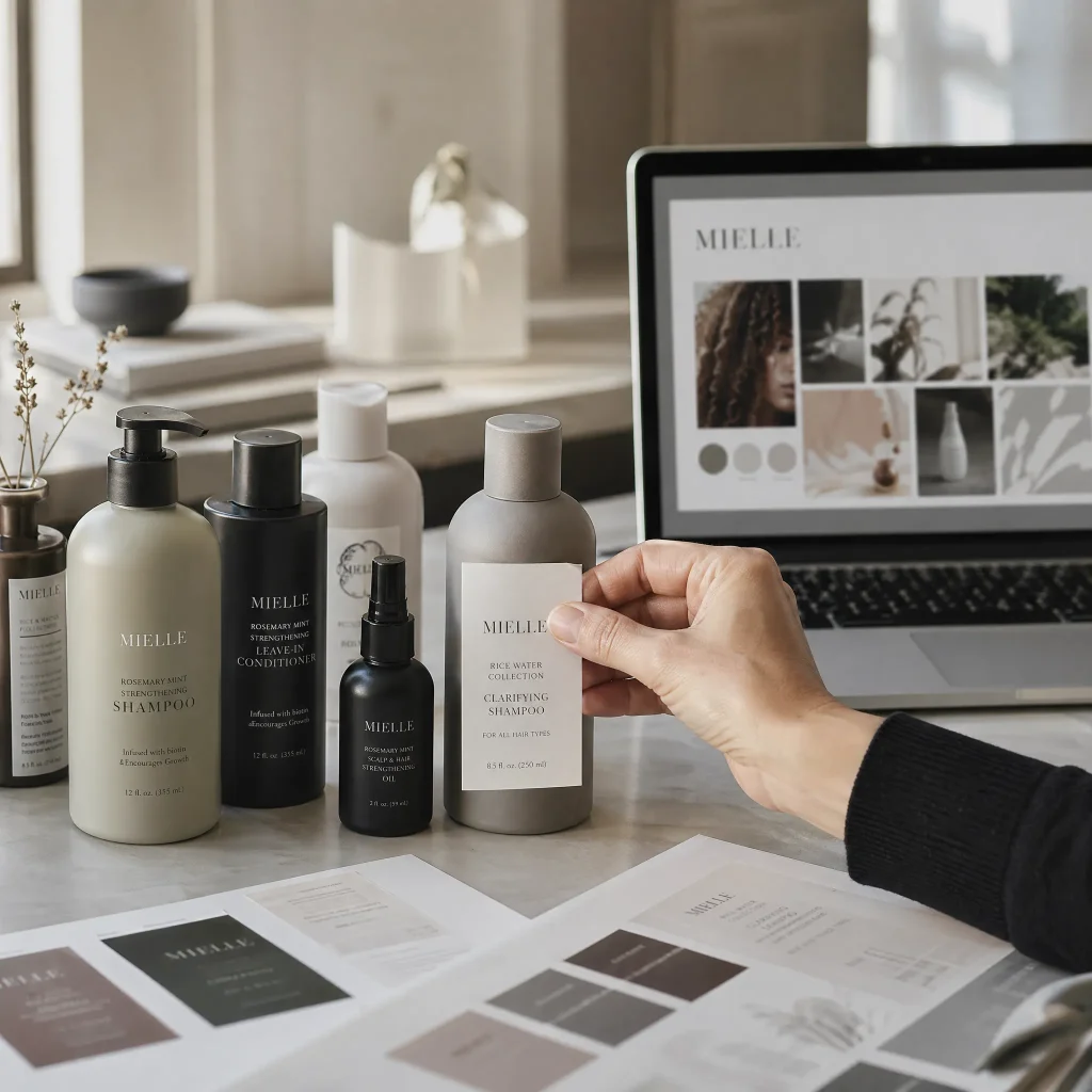 Haircare bottles on a desk in front of a laptop showing a color swatch grid, with a person’s hands holding a card nearby.