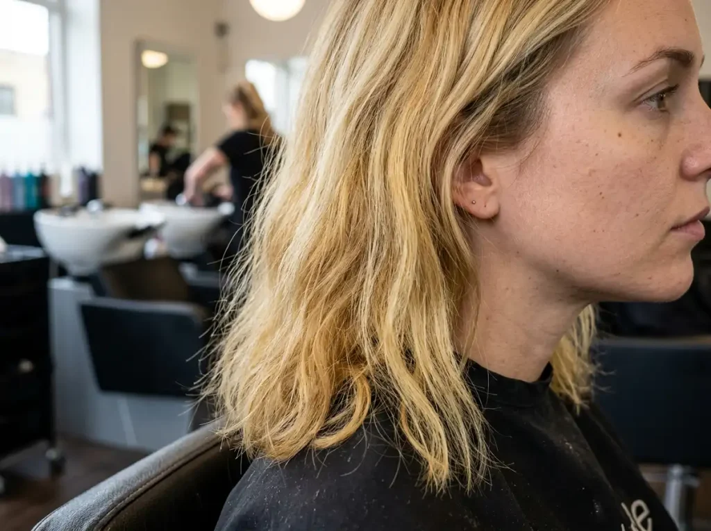A side profile of a woman in a salon chair with healthy, lustrous dark brunette hair featuring warm, honey-toned highlights throughout. A blurred salon background is visible.