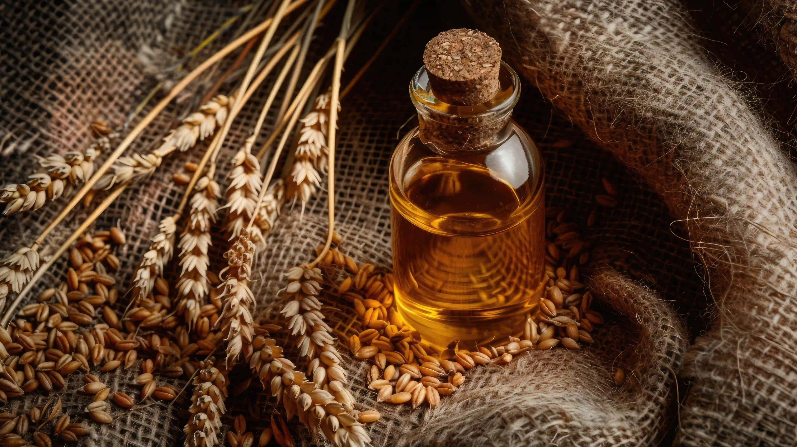 A small glass bottle with a cork stopper containing amber-colored wheat protein essential oil, surrounded by dried wheat stalks and loose grains on a rustic burlap cloth.