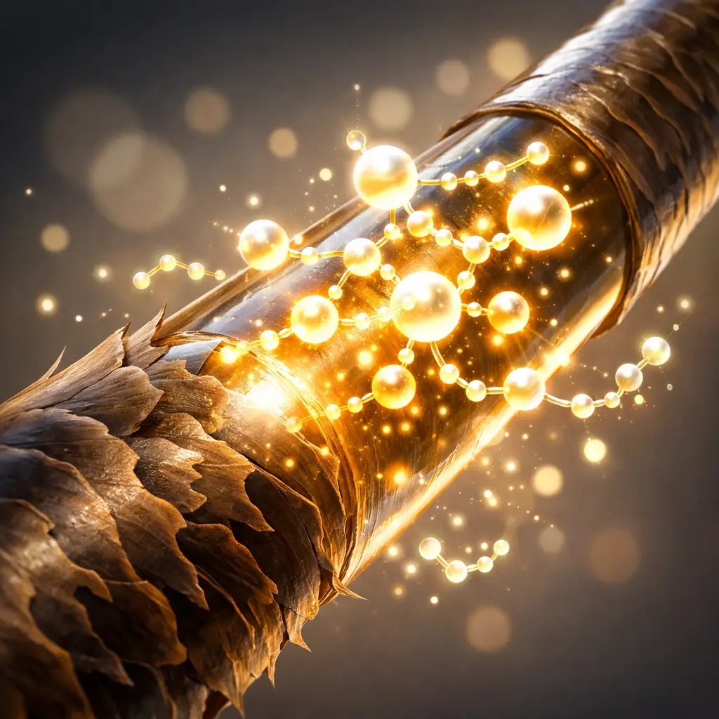 Close-up illustration of amino acids and glyoxylic acid molecules repairing and smoothing a hair strand cuticle.