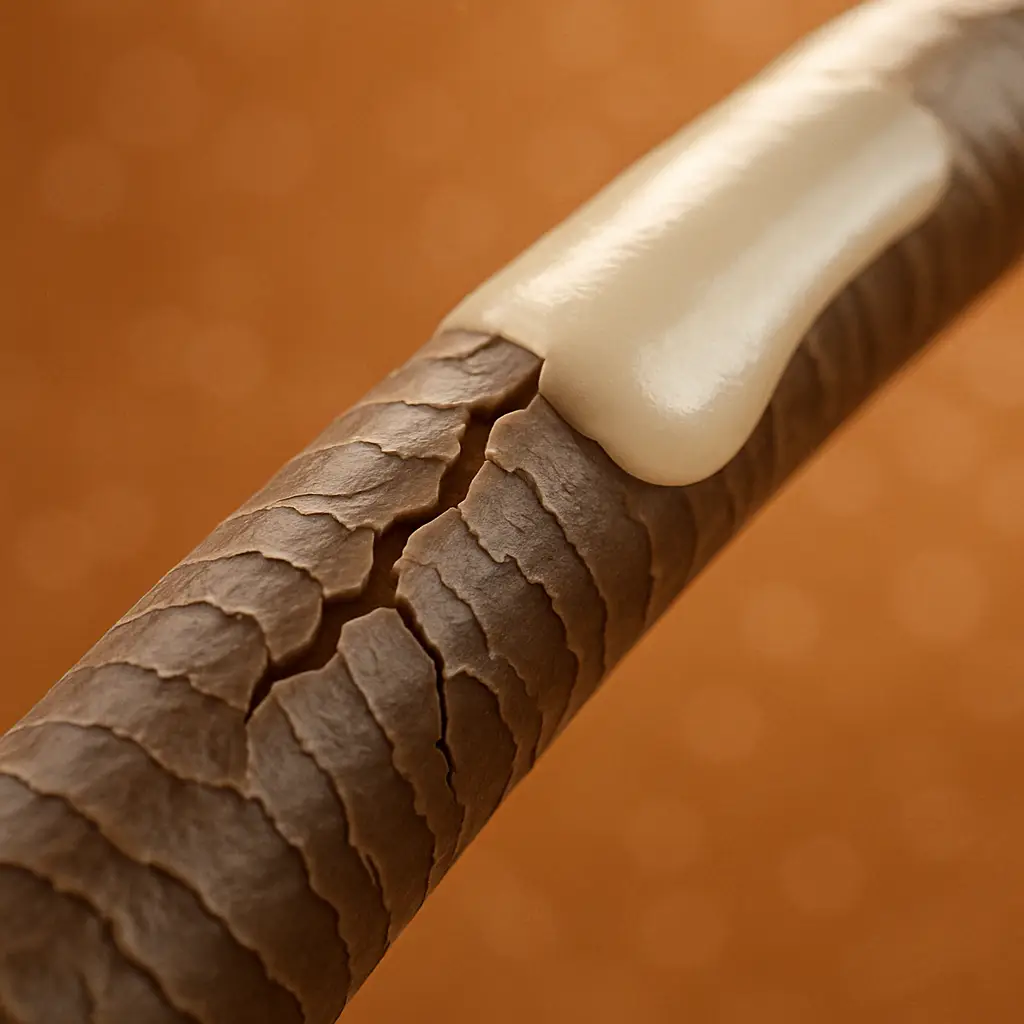 Microscopic view of a hair treatment repairing and smoothing damaged hair cuticles for split end recovery.