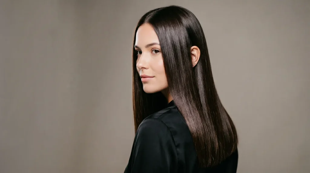 A woman with dark hair in a salon showing subtle coppery and brassy tones throughout, illustrating the slight color change and lift caused by a keratin smoothing treatment. She is posed with sleek hair looking forward.