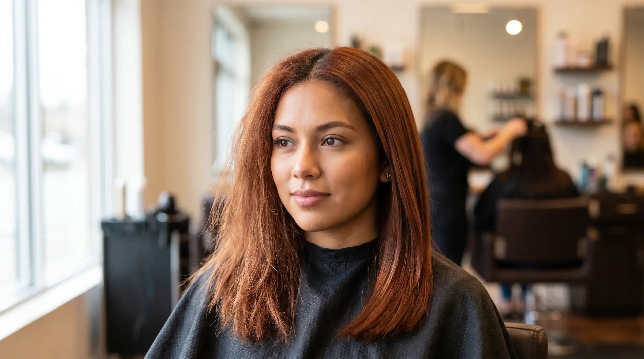 A woman in a salon with coppery hair showing uneven color fading and brassy tones, illustrating how keratin treatments can shift or lift existing hair dye.
